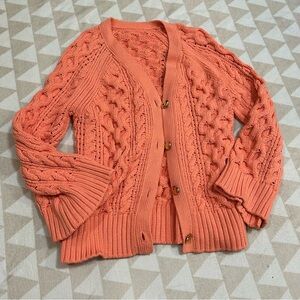Tanya Taylor coral orange cardigan sweater cable knit thick
